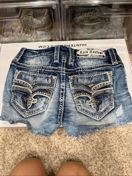 Rock Revival Pants - Rock Revival Blue Distressed Embroidered Denim Shorts